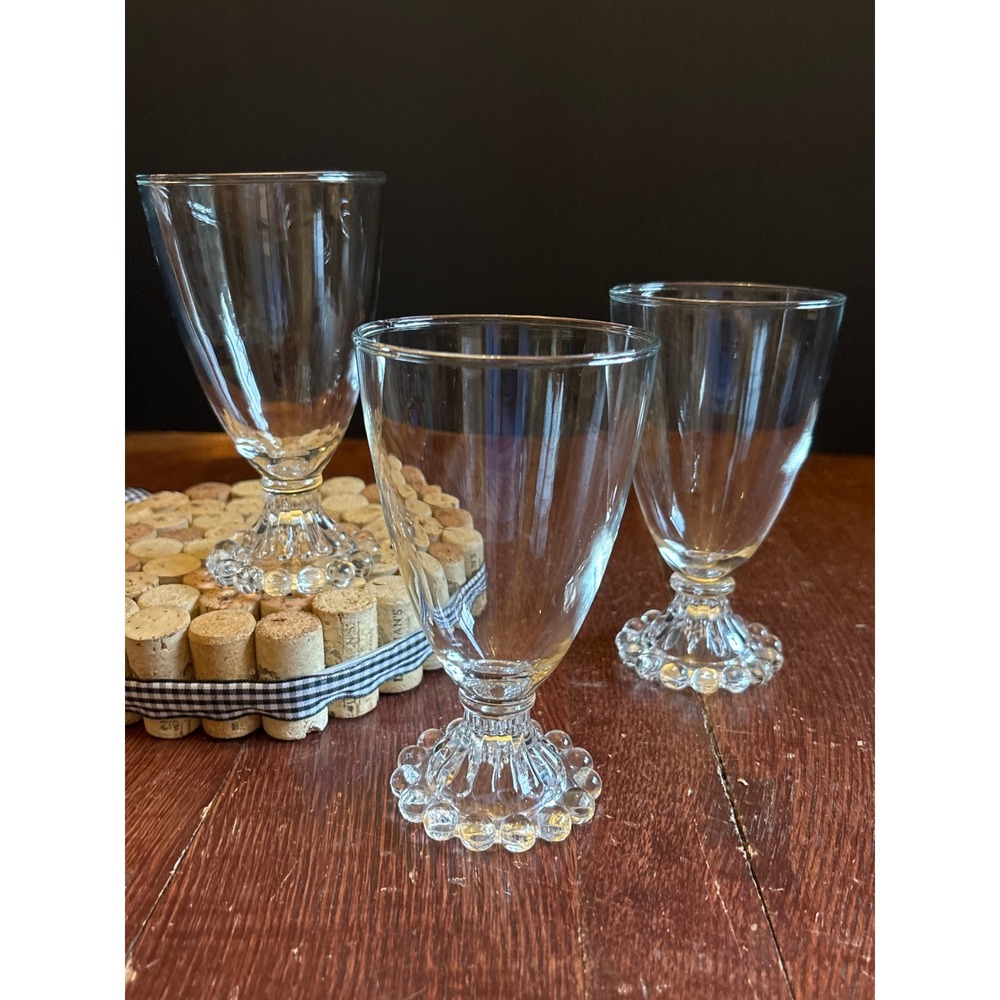 Vintage Boopie Candlewick Clear Glass Goblets Set of 3 Beaded Base Wine Water 5"